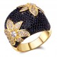 Black Flower Ring Jewelry Jet CZ Stones Plated in Gold And Black 2 Tone color Large rings for women