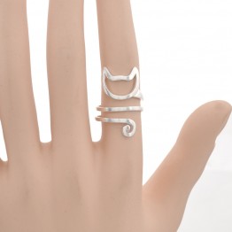 Fashion Silver Plated Women Matte Kitten Cat Adjustable Wrap Ring Animal Finger Ring