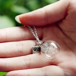 Glass bottle necklace Natural dandelion seed in glass long necklace Make A Wish Glass Bead Orb silver plated Necklace  jewelry