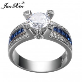 JUNXIN Unique Jewelry Blue Round Zircon Stone Ring White Gold Filled Wedding Engagement Rings For Women Men