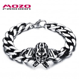 MOZO FASHION Punk Rock Men Skeleton Bracelets Male Personalized Jewelry Stainless Steel Wrench Skull Bracelet Accessories MGS801