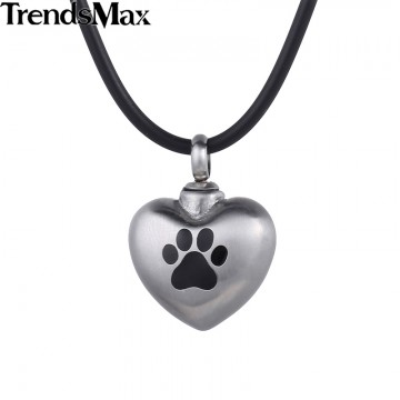 Trendsmax 316L Stainless Steel Dog Paw Pet Matting Heart Love Cremation Memorial Urn Keepsake Womens Pendant Necklace HP419