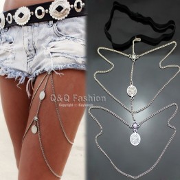 Vintage Silver Gypsy Coin Thigh Harness Bikini Garter Stretch Body Leg Chain Jewelry 2017 New